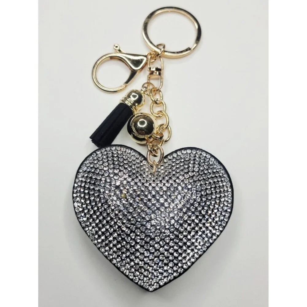 NWT Large Black, Silver And Gold Sparkle Heart Keychain, Bag Charm With Tassel